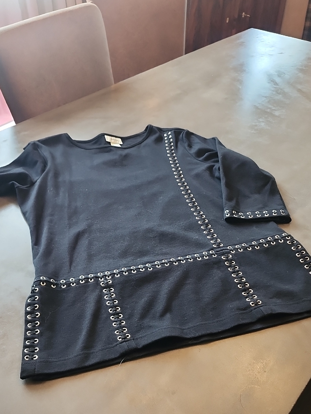 Neiman Marcus Black Long Sleeve Eyelet-Trim Tee